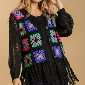 Umgee Black Crochet Cardigan with Multicolor Pattern Trimmed With Fringe